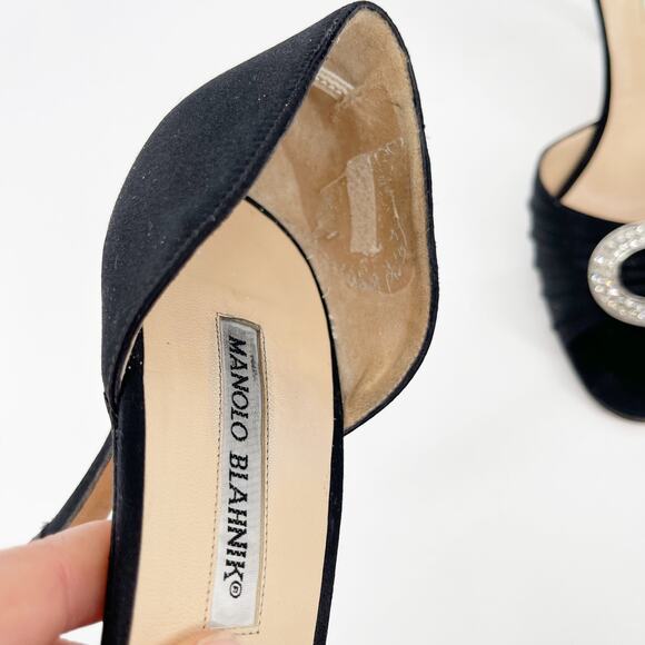 Manolo Blahnik Black Satin Sedaraby Crystal Detail D'Orsay Peep Toe Heels IT 40 - Picture 9 of 13